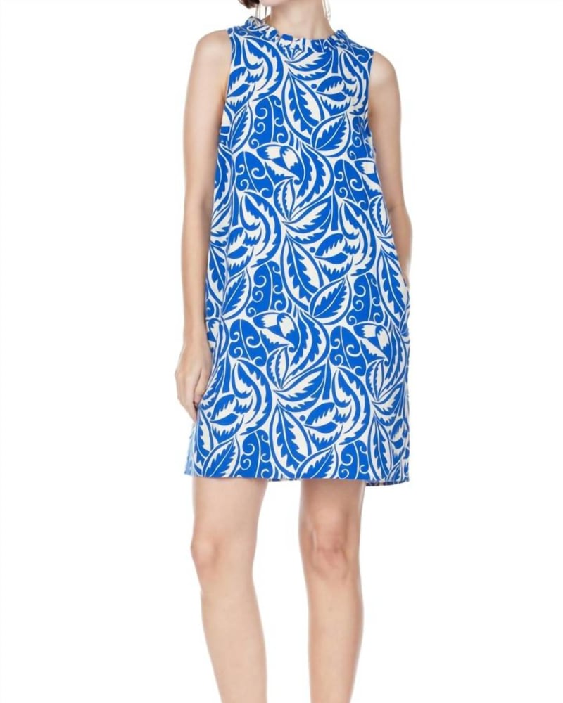 Front of a model wearing a size X-large Ruffles Square Back Dress In Royal Print in Royal Print by Jade. | dia_product_style_image_id:355518